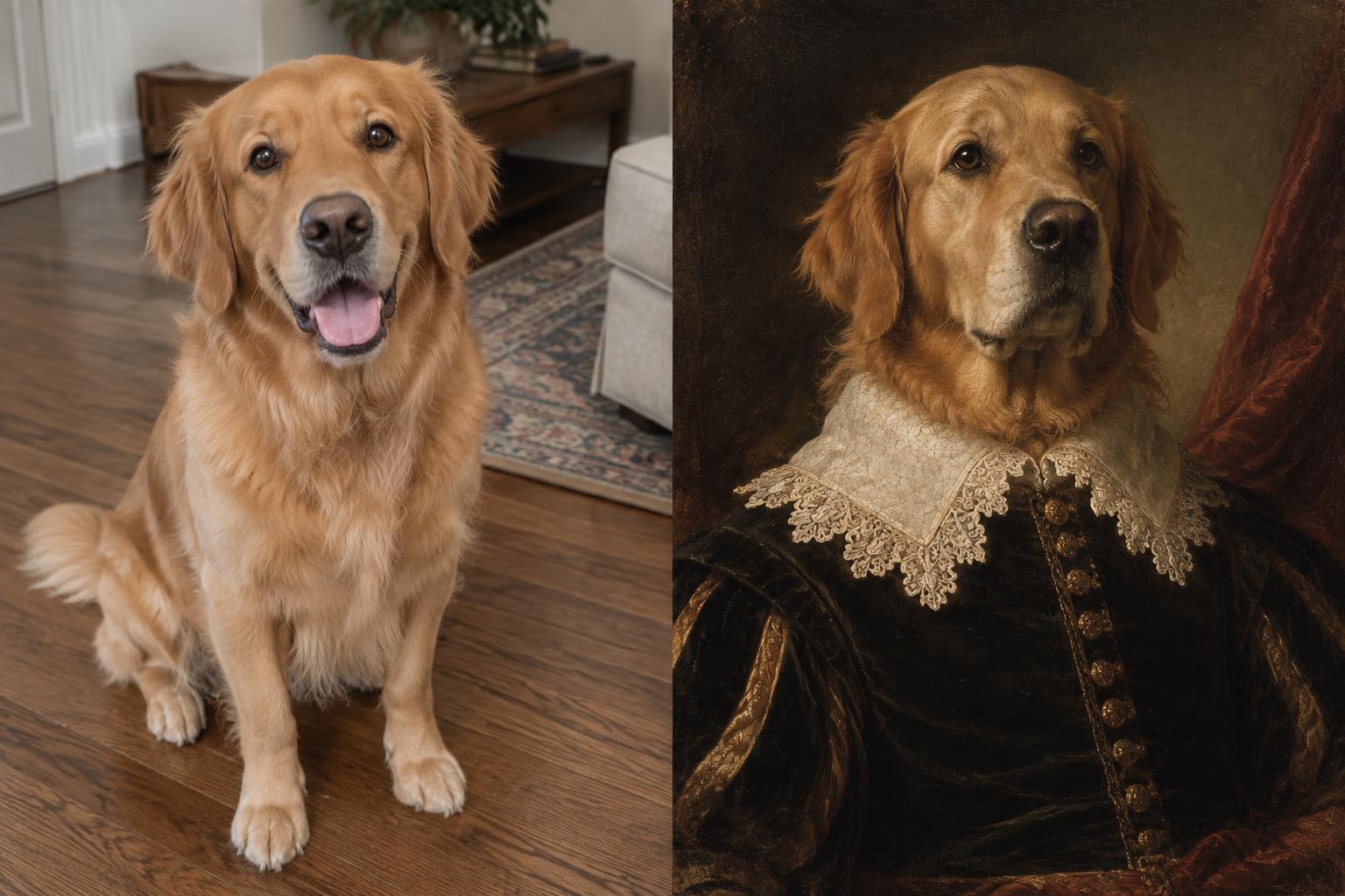 A dog photo beside its Renaissance oil portrait